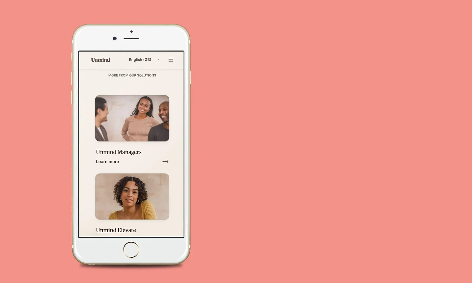Image of Unmind website shown in a mobile phone mockup
