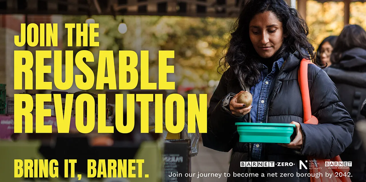 Girl in a market using a reusable plastic tub while shopping